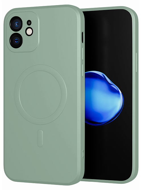 Силиконовый чехол с микрофиброй и MagSafe для Apple iPhone 12 Серо-зелёный