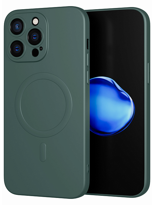 Силиконовый чехол с микрофиброй и MagSafe для Apple iPhone 14 Pro Max Темно-зеленый