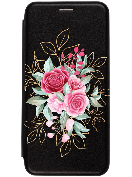 Чехол книжка для Samsung A52 "Розы в кустах на чёрном"