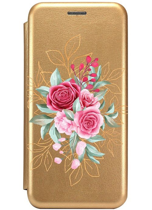 Чехол книжка для Samsung A30s "Розы в кустах на золотом"