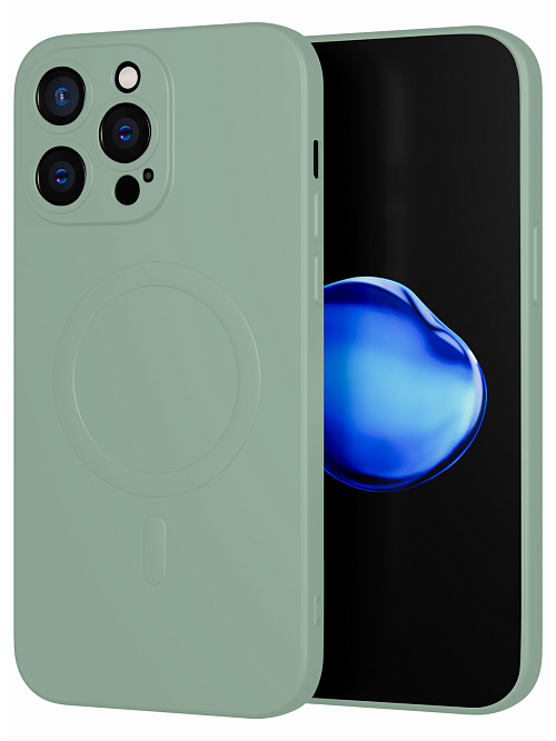 Силиконовый чехол с микрофиброй и MagSafe для Apple iPhone 14 Pro Max Серо-зелёный