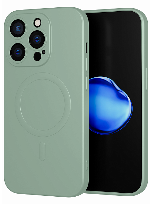 Силиконовый чехол с микрофиброй и MagSafe для Apple iPhone 14 Pro Серо-зелёный