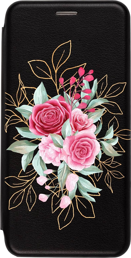 Чехол книжка для Xiaomi Redmi Note 11S (4G) "Розы в кустах на чёрном"